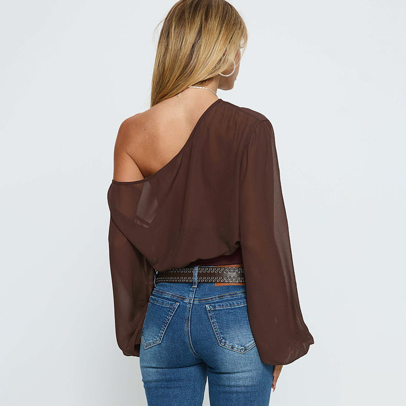 Sexy sloping shoulder long sleeved chiffon loose and versatile top for women