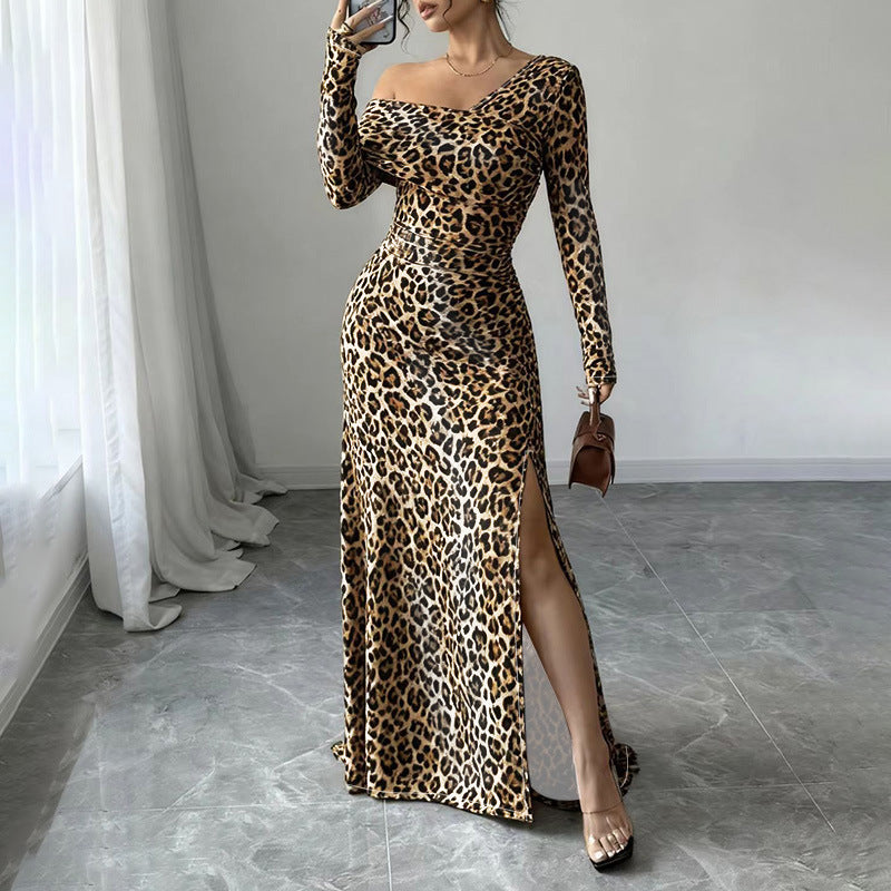 Square neck sexy leopard print slim fit dress