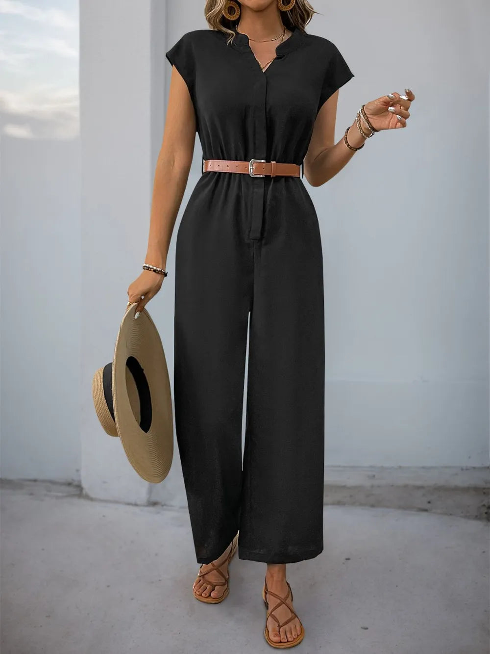 Notched Wide Leg Jumpsuit