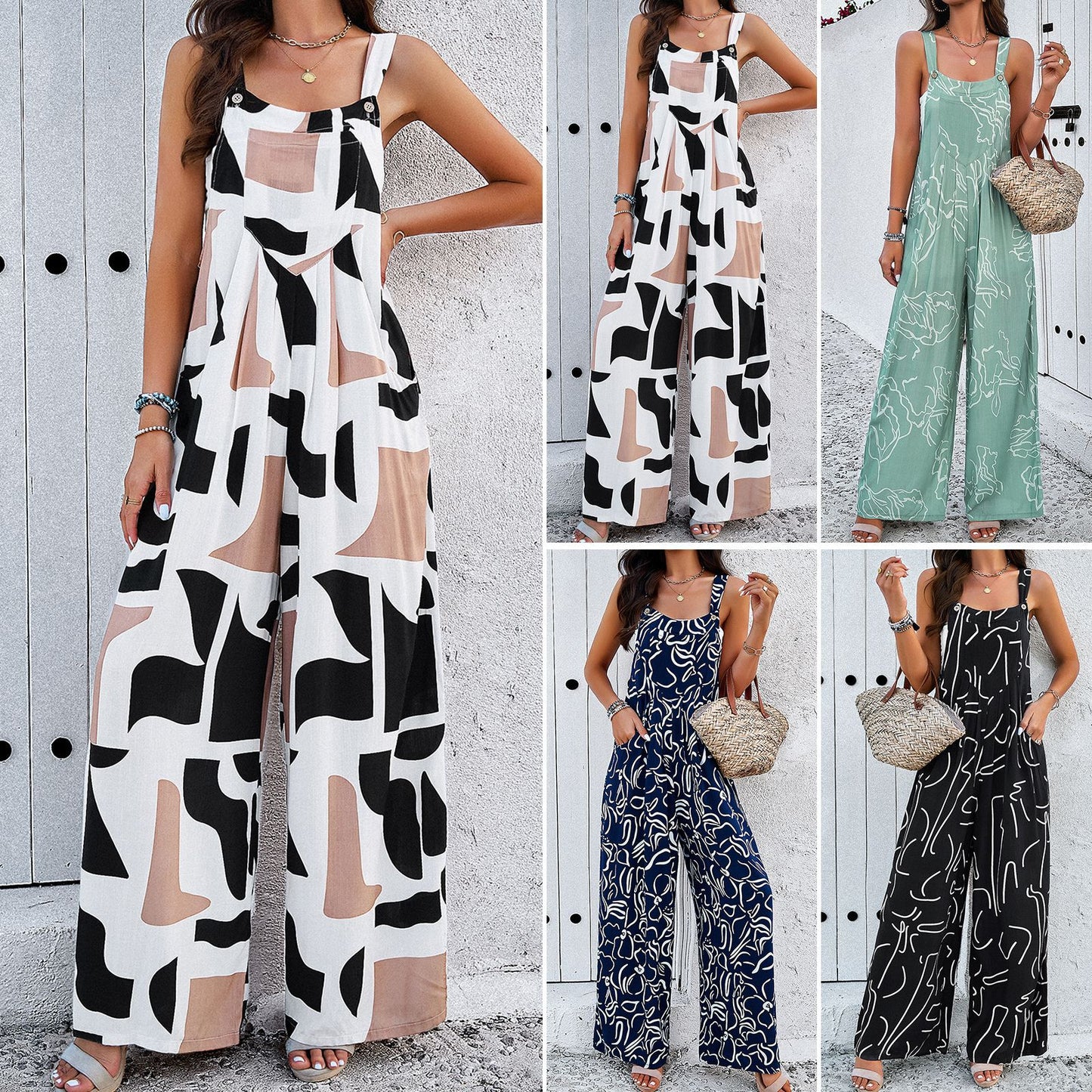 Elegant and loose sleeveless printed jumpsuit