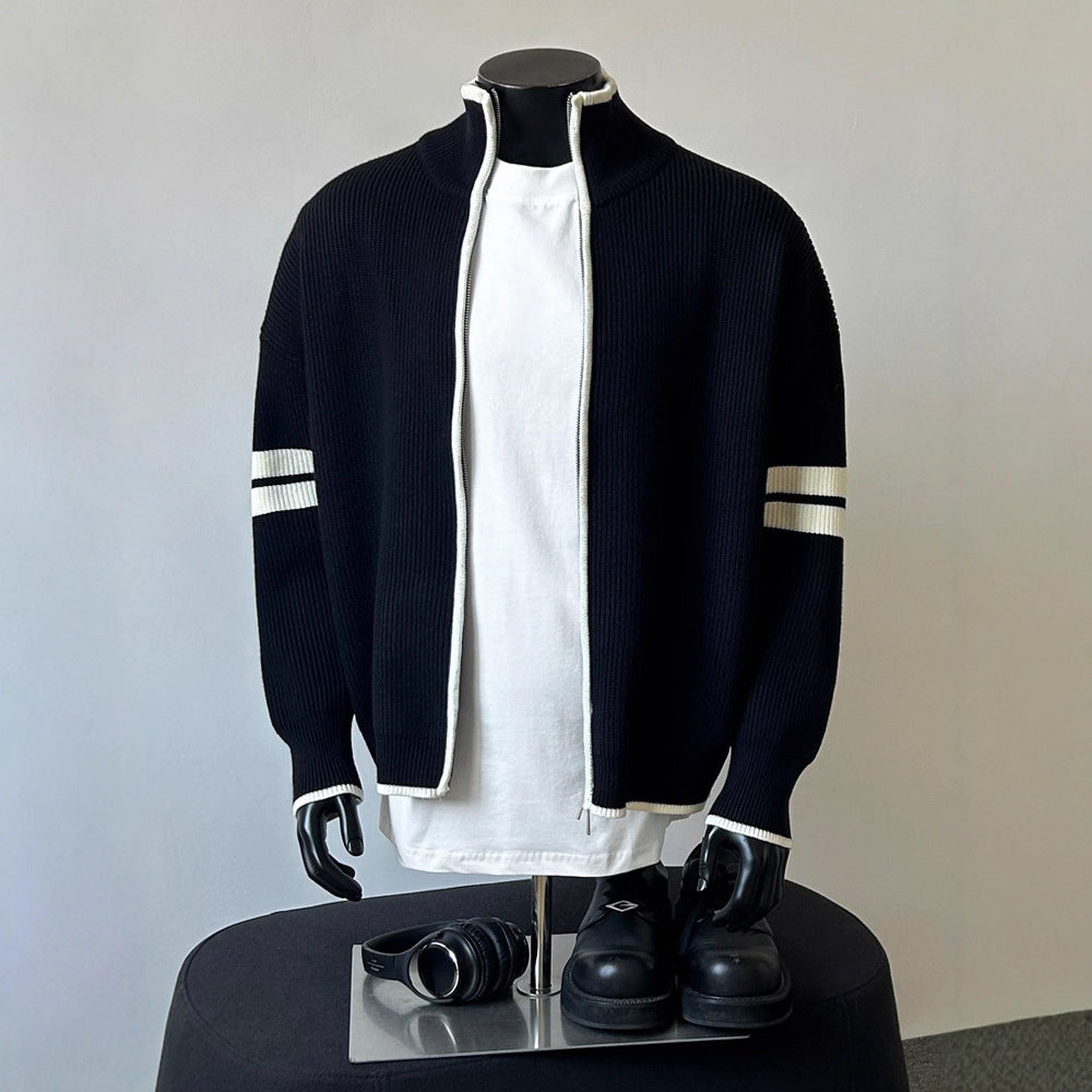 Casual Loose Knit Cardigan with Double Stripes, Unisex Design Simple and Lazy Style Perfect for Couples