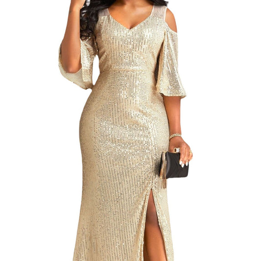 One-Shoulder Golden Sequin Party Evening Dress