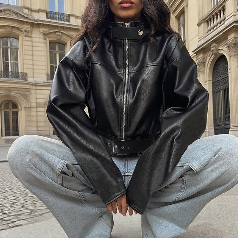 Street sexy leather solid color versatile jacket for women