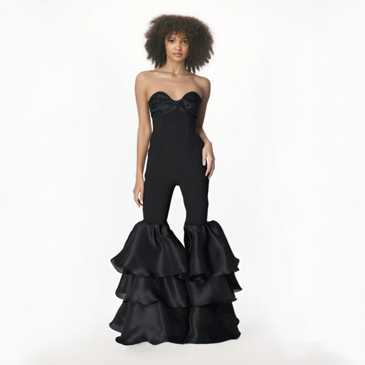 Patchwork Tiered Ruffles Sexy Slimming Jumpsuits For Women Strapless Sleeveless High Waist Backless Elegant Jumpsuit Female