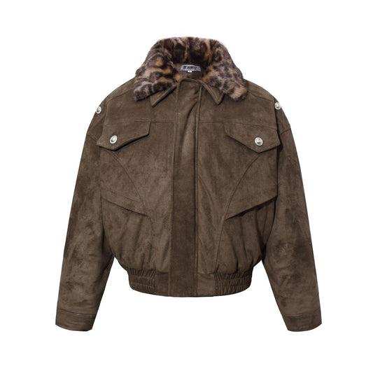 Warm leopard print fur collar cotton jacket