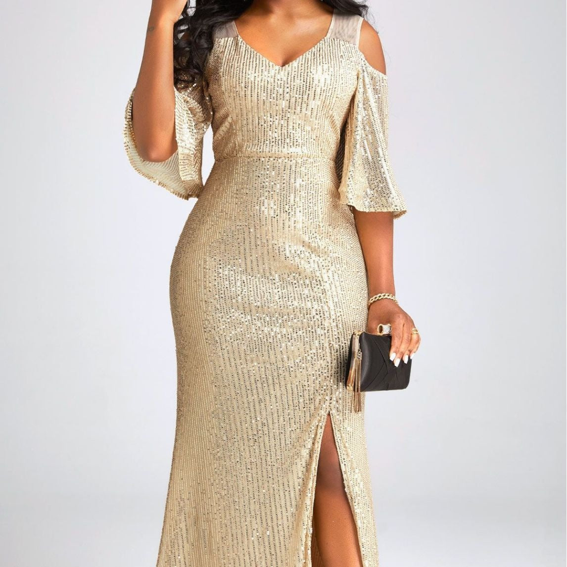 One-Shoulder Golden Sequin Party Evening Dress