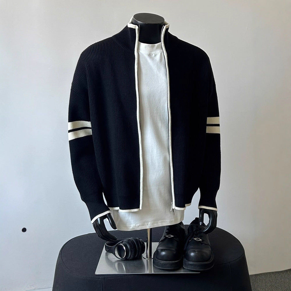 Casual Loose Knit Cardigan with Double Stripes, Unisex Design Simple and Lazy Style Perfect for Couples