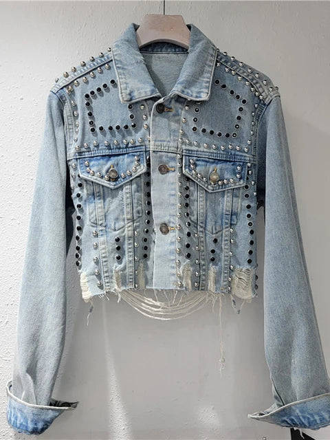Women's Denim Coat Embroidered Flares Broken Holes Rivets Single Breasted Short Jackets Autumn New Fashion