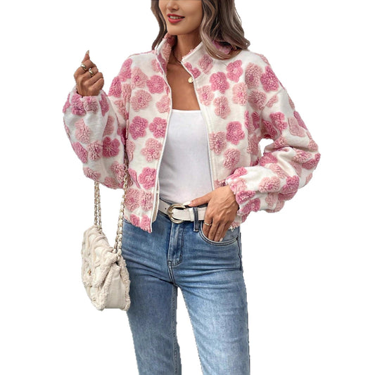 Pink Zipper Jacket for Women Floral Pattern Stand Collar