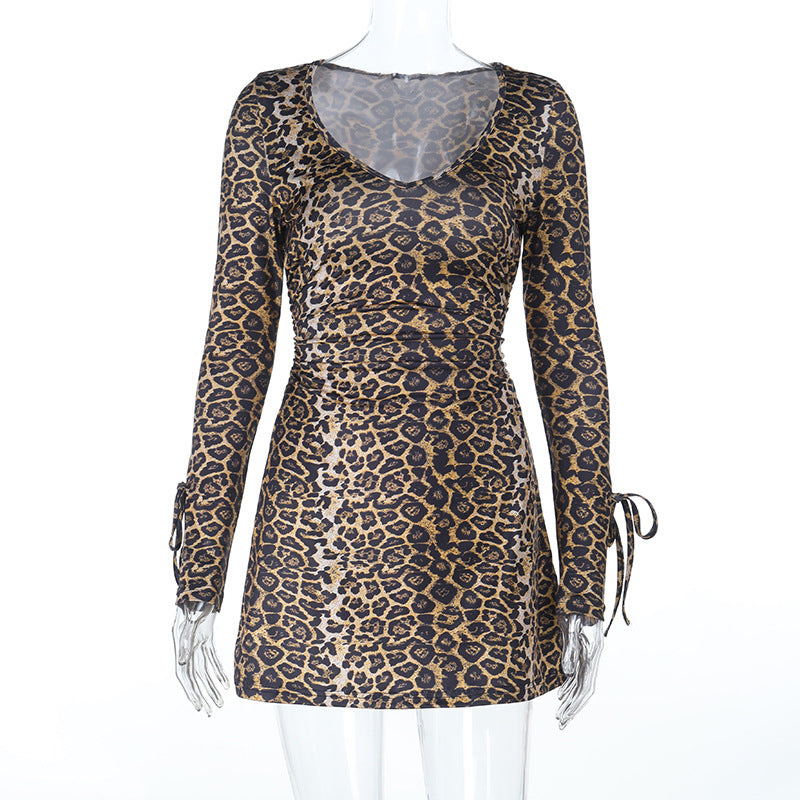 V-neck sexy leopard print cross tie dress
