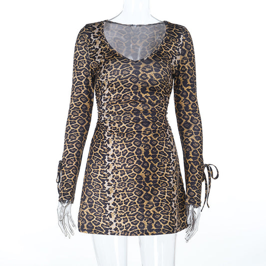V-neck sexy leopard print cross tie dress