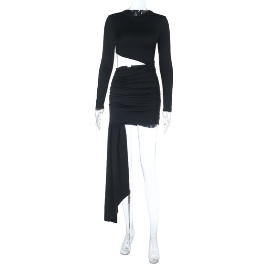 Round neck long sleeved sexy hollow out hip hugging dress for women