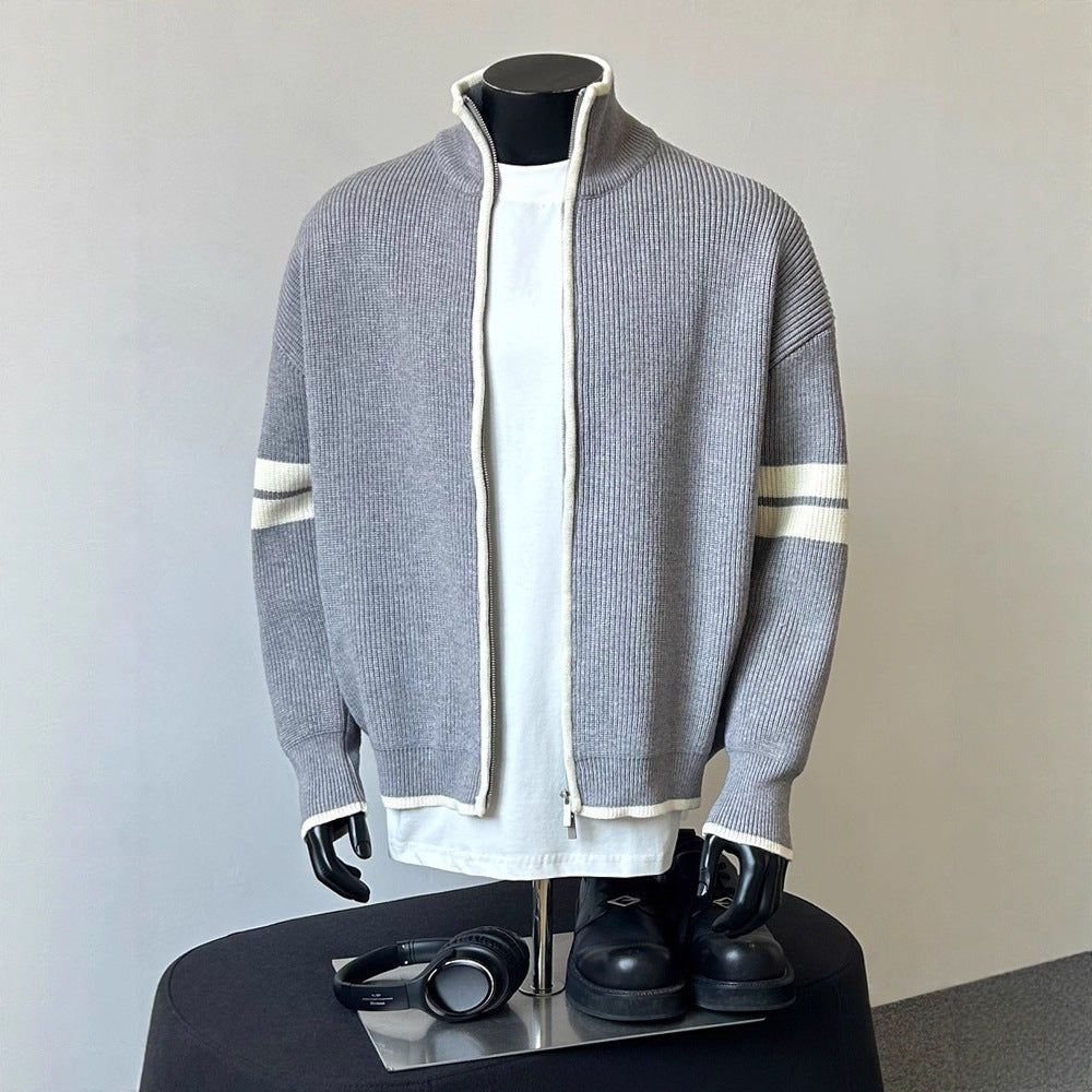 Casual Loose Knit Cardigan with Double Stripes, Unisex Design Simple and Lazy Style Perfect for Couples