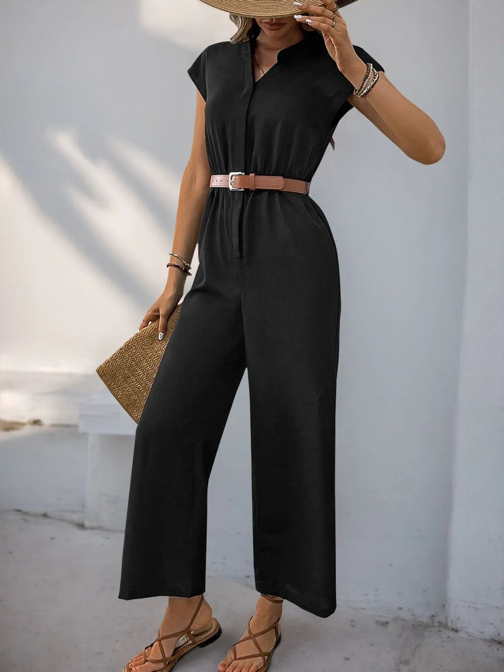 Notched Wide Leg Jumpsuit