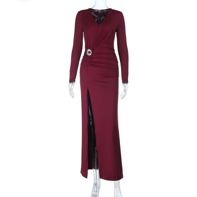 Deep V-neck metal buckle slit long sleeved dress