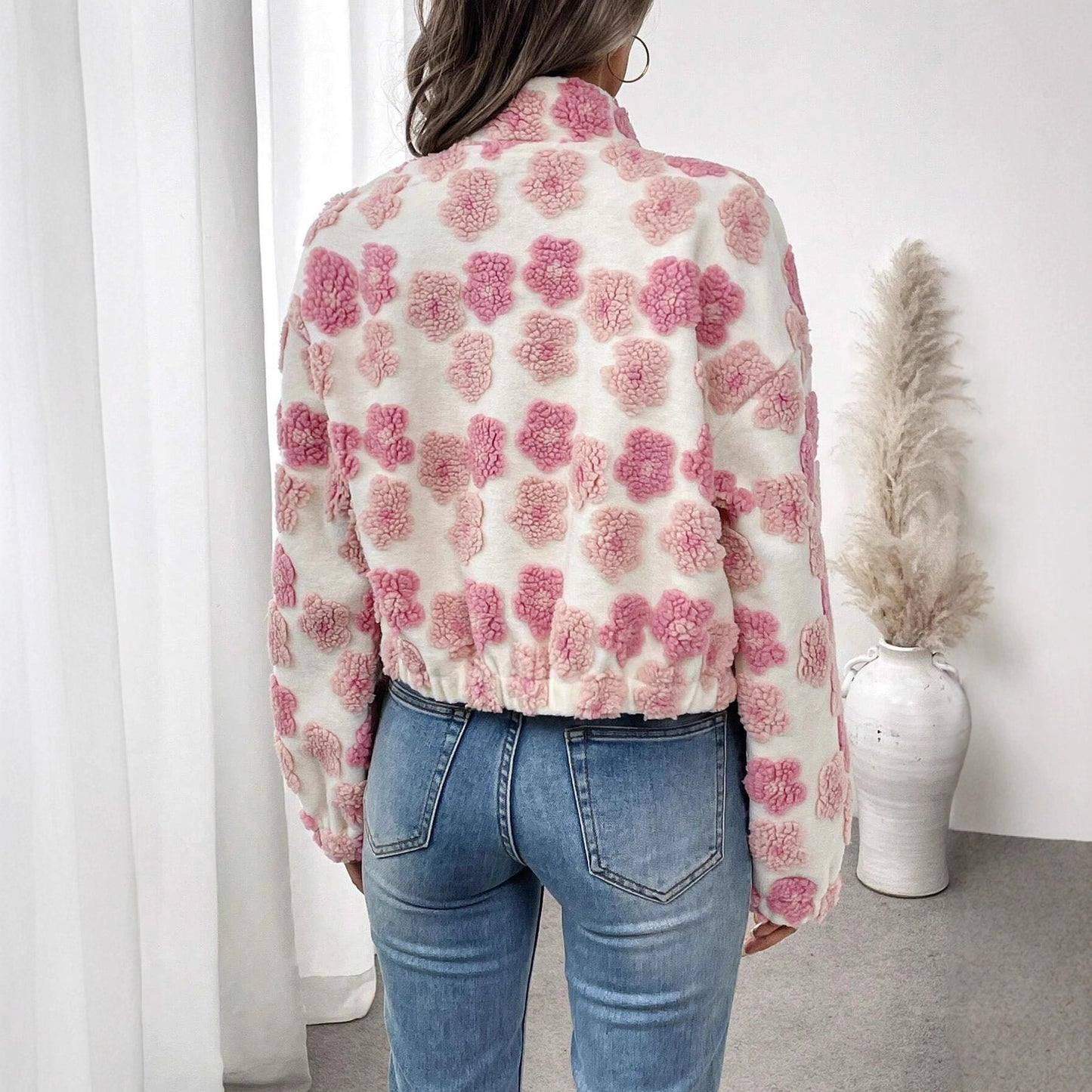 Pink Zipper Jacket for Women Floral Pattern Stand Collar