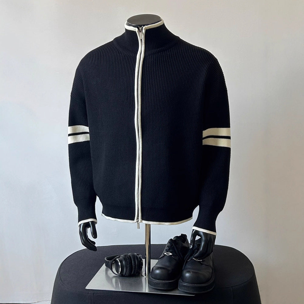 Casual Loose Knit Cardigan with Double Stripes, Unisex Design Simple and Lazy Style Perfect for Couples