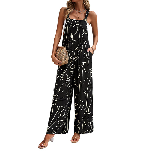 Elegant and loose sleeveless printed jumpsuit