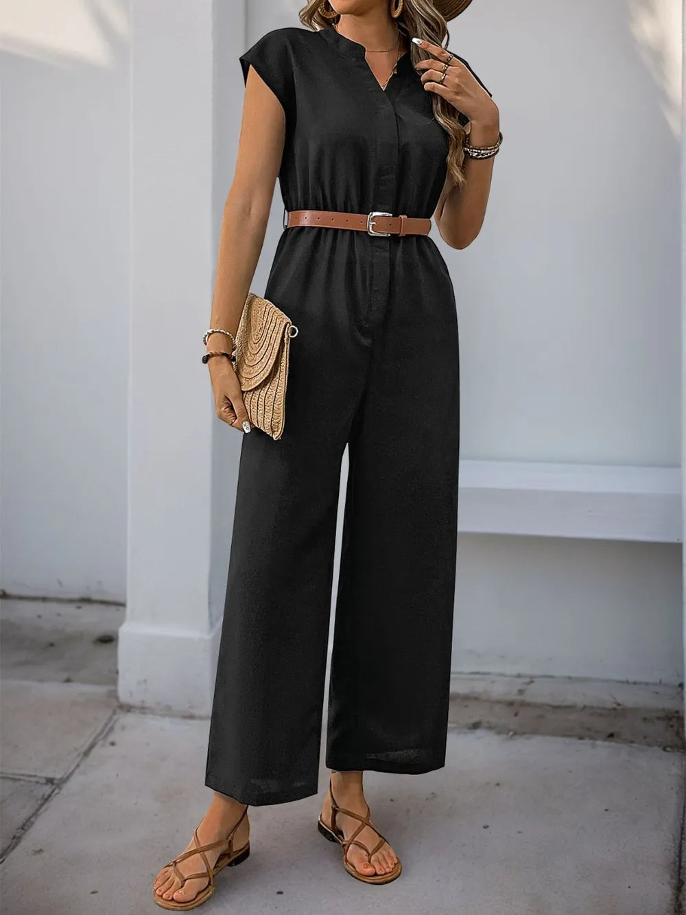 Notched Wide Leg Jumpsuit