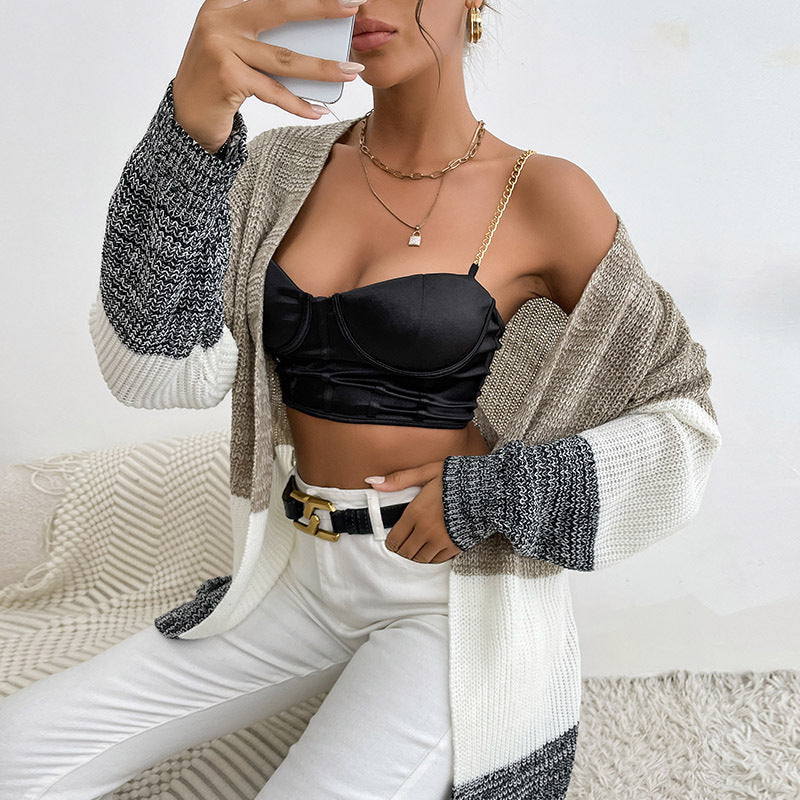 Medium to long color blocked sweater jacket for women