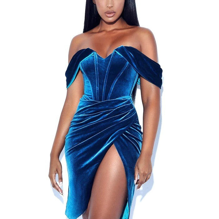 Velvet Boned Slit Evening Dress for Women