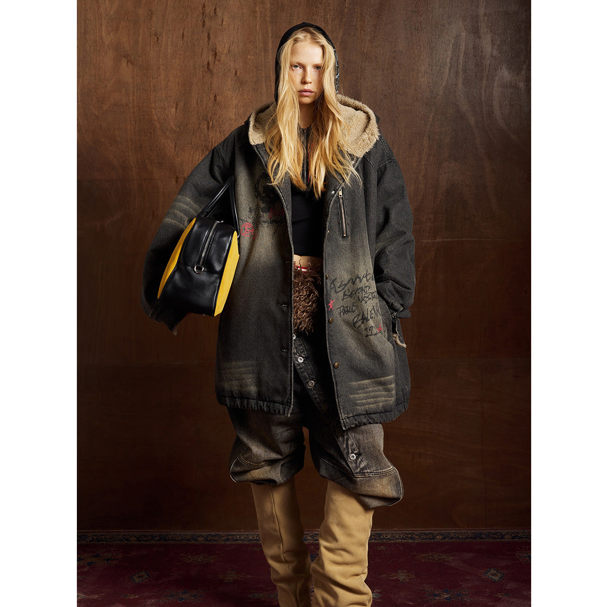 Lamb wool parka coat washed denim cotton jacket