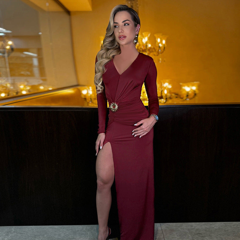 Deep V-neck metal buckle slit long sleeved dress