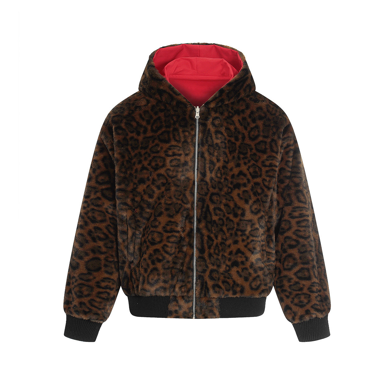 Wool collar and velvet cotton coat leopard print double-sided jacket