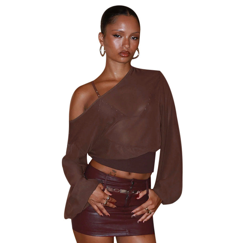 Sexy sloping shoulder long sleeved chiffon loose and versatile top for women