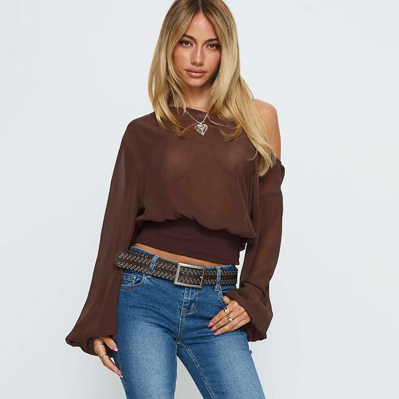 Sexy sloping shoulder long sleeved chiffon loose and versatile top for women