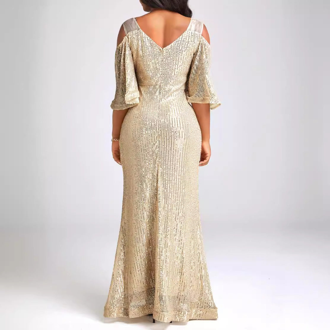 One-Shoulder Golden Sequin Party Evening Dress