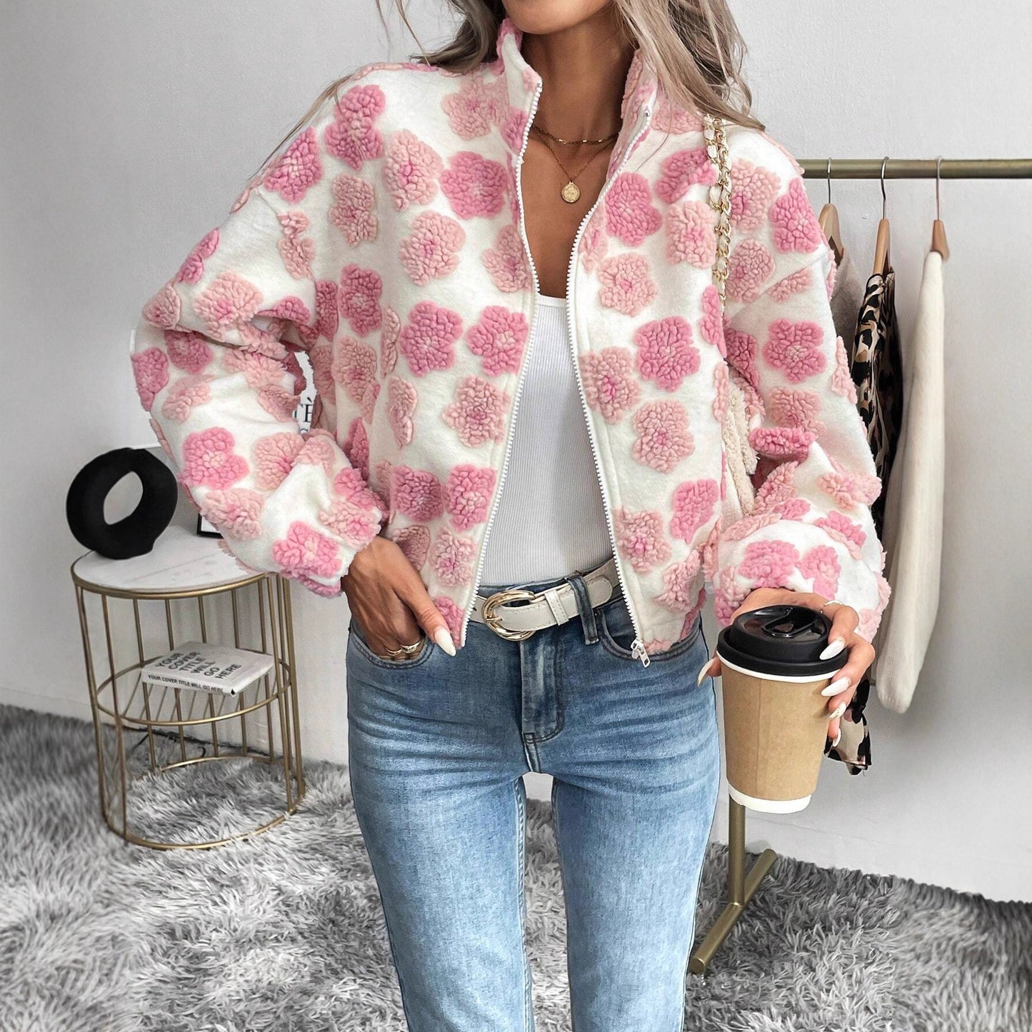 Pink Zipper Jacket for Women Floral Pattern Stand Collar