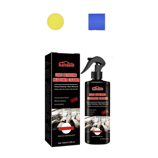 Car detailing headliner cleaner set with spray bottle and packaging on a white background