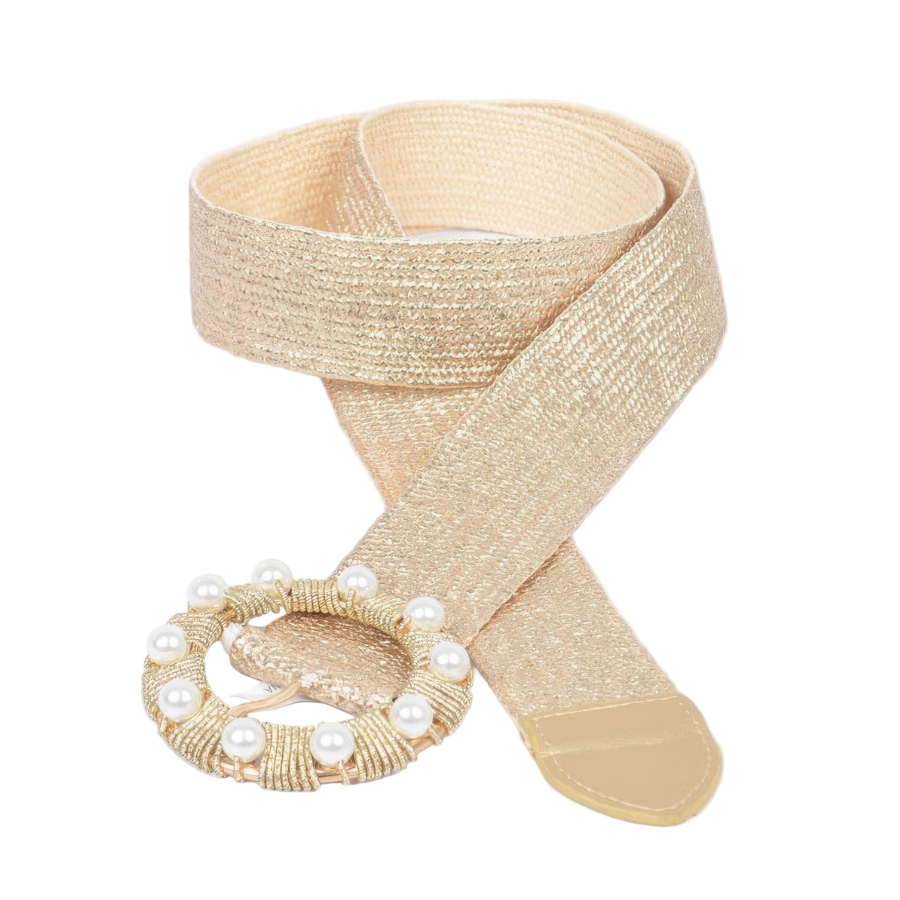 Gold belt with pearl embellishments on a white background